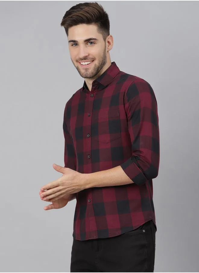 دينيس لينغو Slim Fit Maroon Men's Solid Shirt, Spread Collar, Full Sleeves, 100% Cotton