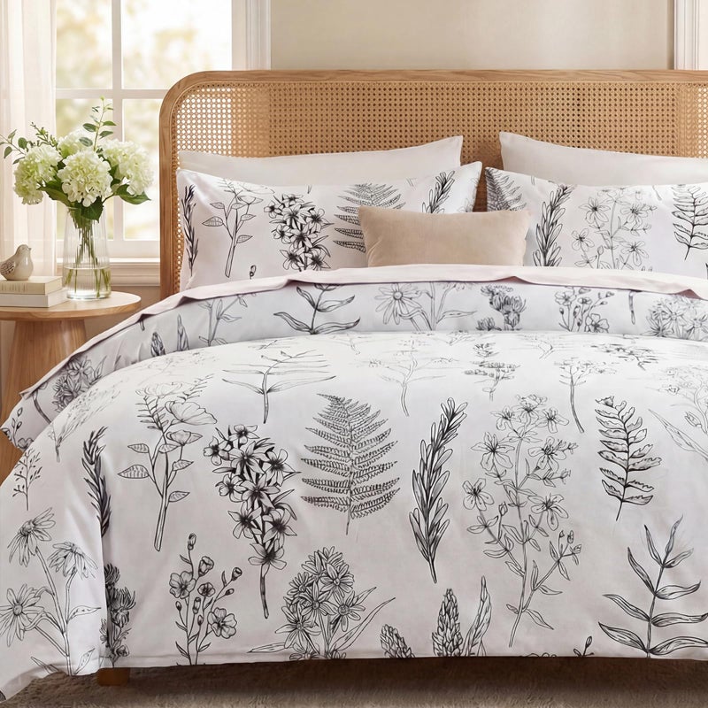 Cozaline Cozeline 100% Cotton Duvet Cover King Size, Black and White Leaf Pattern Bedding Set with Zipper Closure, 3 Pcs Breathable and Soft Floral Duvet Cover for All Season - Image 1