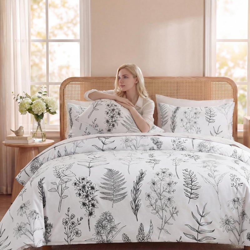 Cozaline Cozeline 100% Cotton Duvet Cover King Size, Black and White Leaf Pattern Bedding Set with Zipper Closure, 3 Pcs Breathable and Soft Floral Duvet Cover for All Season - Image 4