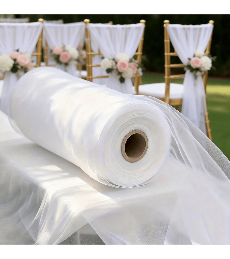 White Tulle Fabric Roll 50m Durable Polyester Mesh for Weddings Parties - Image 1
