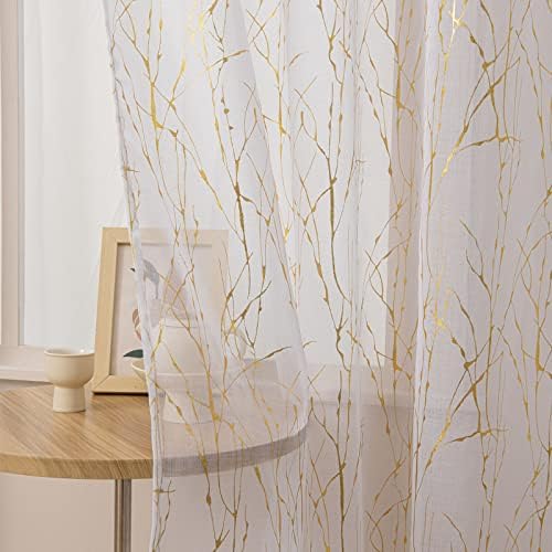 Deeprove Sheer Curtains 72 inches Long 2 Panels Set for Bedroom Living Room  Privacy Light Filter Gold Branch Metallic Sparkle Art Christmas Decor Golden Window Treatments Pair  W52 x L72  White - Image 1