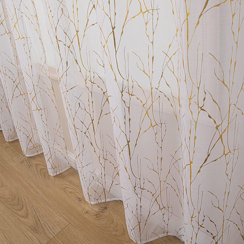 Deeprove Sheer Curtains 72 inches Long 2 Panels Set for Bedroom Living Room  Privacy Light Filter Gold Branch Metallic Sparkle Art Christmas Decor Golden Window Treatments Pair  W52 x L72  White - Image 5