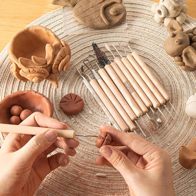 CLAPONE مجموعة أدوات تشكيل الفخار بمقبض خشبي | مجموعة أدوات الفخار المكونة من 11 قطعة ذات وجهين للطين، السيراميك، النحت، إمدادات النمذجة الفنية والحرفية - Image 5