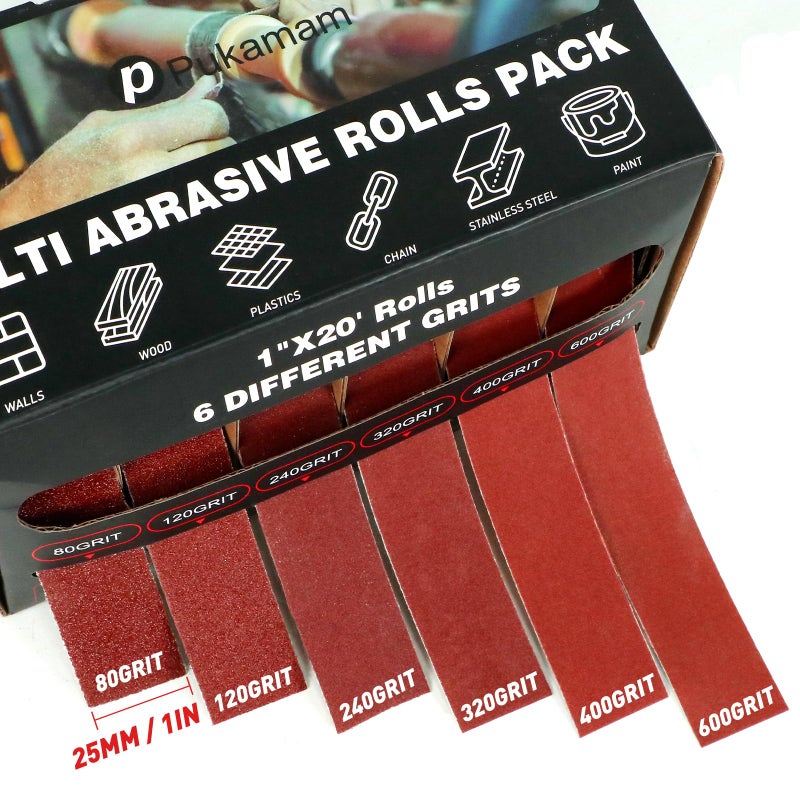 Pukamam Emery Cloth Roll, 6 Grits 1'' x 19.7' Sandpaper Roll 80 120 240 320 400 600 Emery Cloth for Metal, Wood, Automotive Furniture, Wet/Dry Sanding Paper with Dispenser, 6 Meters Per Roll - Image 2