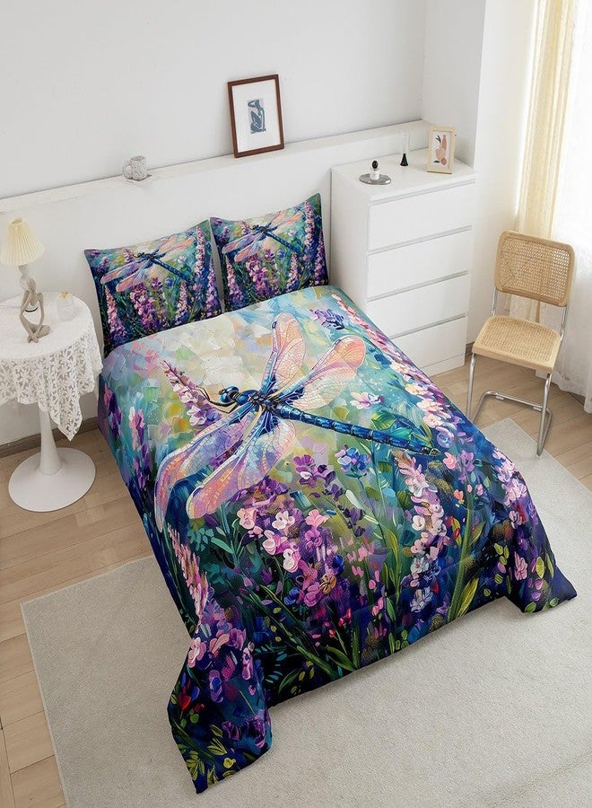 Castle Fairy Garden Dragonfly Bedding Sets Queen Size 3 Pcs,Watercolor Lavender Purple Flowers Comforter Set for Kids Teens Adults,Oil Painting Style Dreamy Rustic Style Quilted Comforter with 2 Pillowcases - Image 4