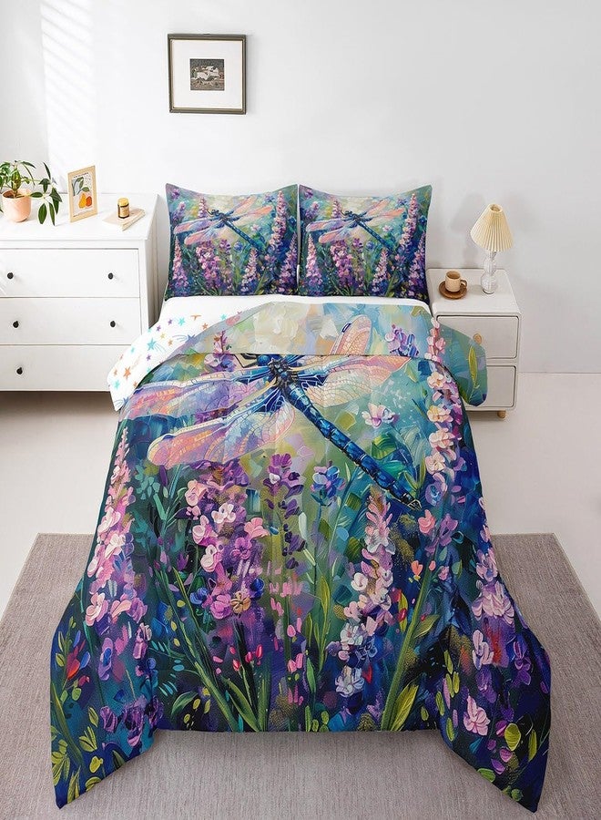 Castle Fairy Garden Dragonfly Bedding Sets Queen Size 3 Pcs,Watercolor Lavender Purple Flowers Comforter Set for Kids Teens Adults,Oil Painting Style Dreamy Rustic Style Quilted Comforter with 2 Pillowcases - Image 2