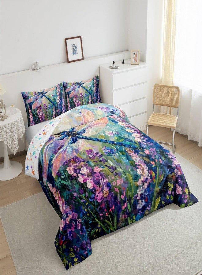 Castle Fairy Garden Dragonfly Bedding Sets Queen Size 3 Pcs,Watercolor Lavender Purple Flowers Comforter Set for Kids Teens Adults,Oil Painting Style Dreamy Rustic Style Quilted Comforter with 2 Pillowcases - Image 5