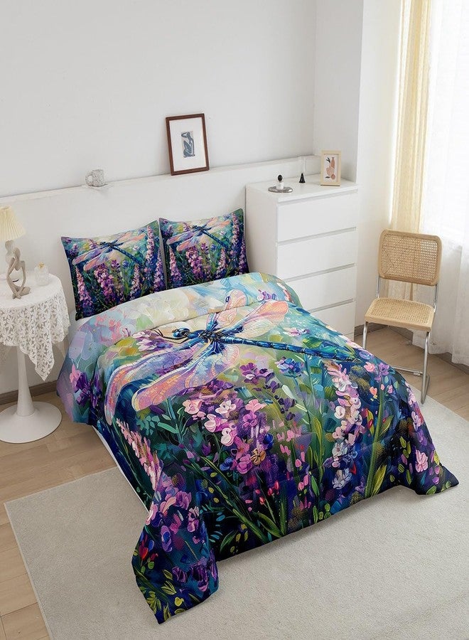 Castle Fairy Garden Dragonfly Bedding Sets Queen Size 3 Pcs,Watercolor Lavender Purple Flowers Comforter Set for Kids Teens Adults,Oil Painting Style Dreamy Rustic Style Quilted Comforter with 2 Pillowcases - Image 3