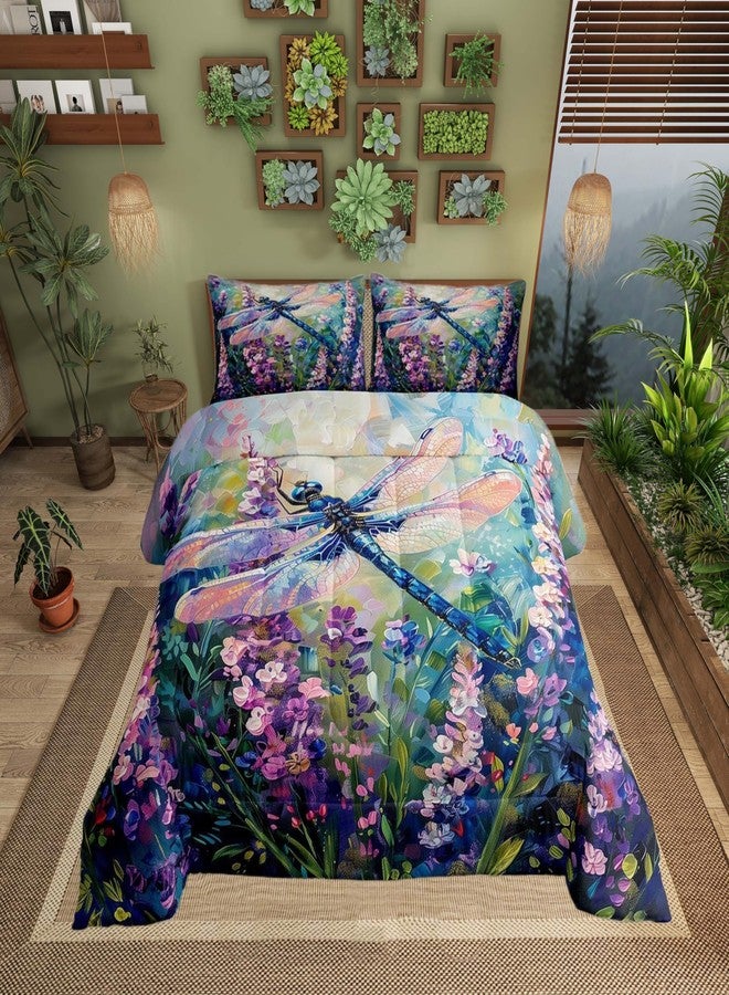 Castle Fairy Garden Dragonfly Bedding Sets Queen Size 3 Pcs,Watercolor Lavender Purple Flowers Comforter Set for Kids Teens Adults,Oil Painting Style Dreamy Rustic Style Quilted Comforter with 2 Pillowcases - Image 1