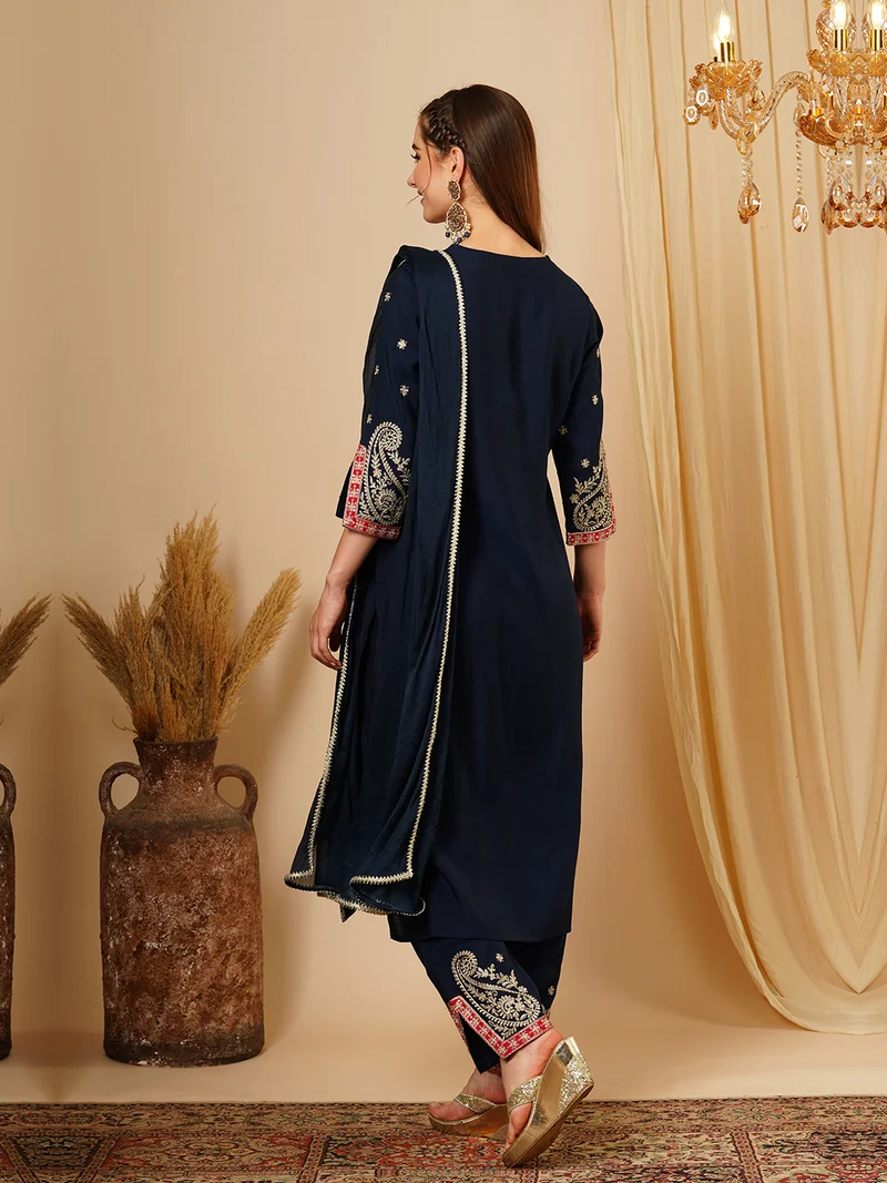 globus Women Floral Embroidered Regular Thread Work Straight Kurta With Trousers & Dupatta