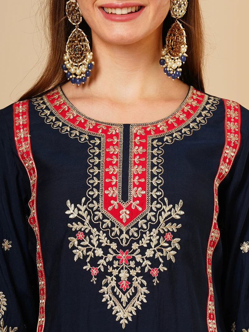 globus Women Floral Embroidered Regular Thread Work Straight Kurta With Trousers & Dupatta