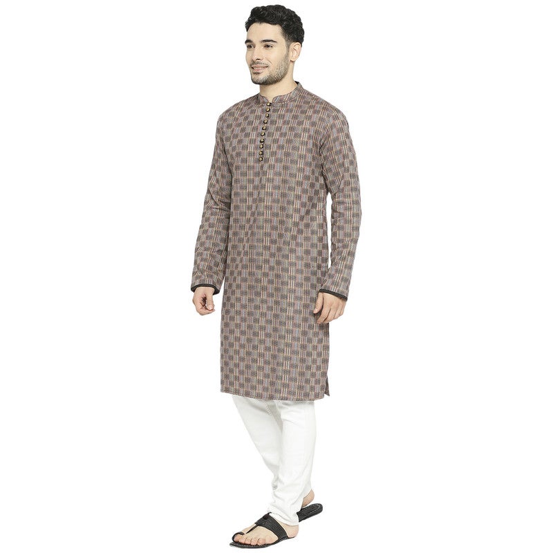 ARCHATTIRE Men’s Dark Brown Checkered Long Kurta for Men - Image 2