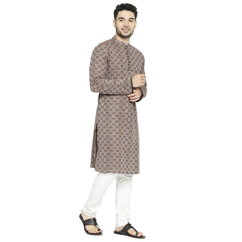 ARCHATTIRE Men’s Dark Brown Checkered Long Kurta for Men - Image 3