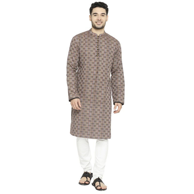 ARCHATTIRE Men’s Dark Brown Checkered Long Kurta for Men - Image 1