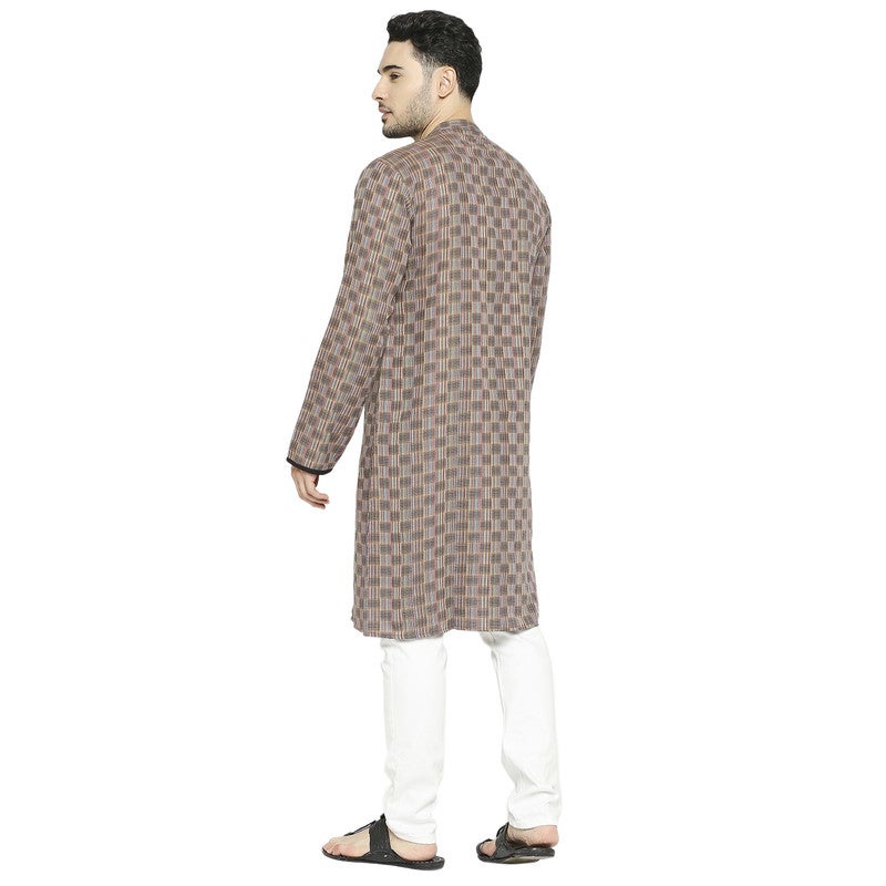 ARCHATTIRE Men’s Dark Brown Checkered Long Kurta for Men - Image 4