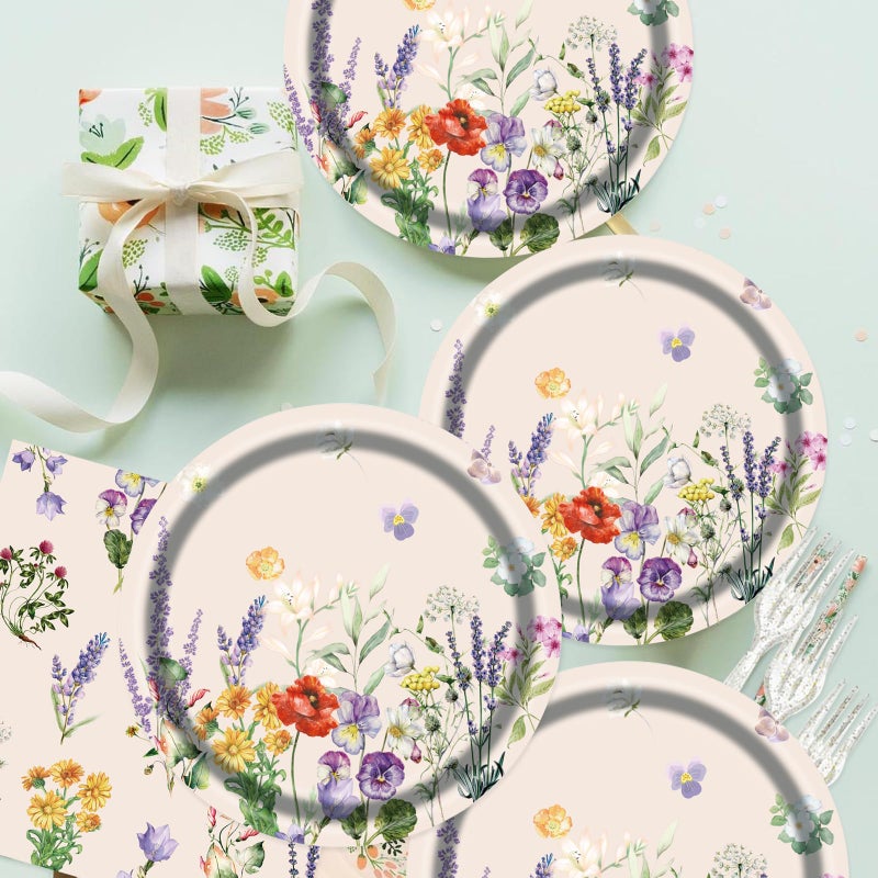 BOKFJBP 75pcs Wildfloral Paper Plates&Napkins-Disposable Watercolor Garden Flower Plates Set Tableware Decor for Birthday Spring Wedding Bridal Shower Baby Shower Picnic Tea Party Supplies-Serve 25 - Image 4