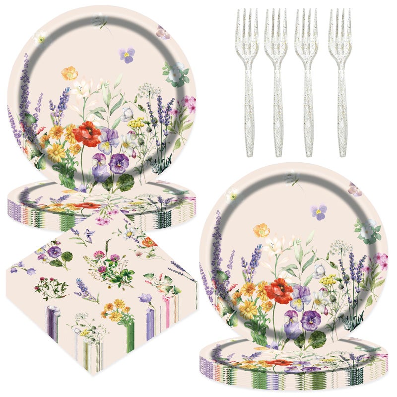 BOKFJBP 75pcs Wildfloral Paper Plates&Napkins-Disposable Watercolor Garden Flower Plates Set Tableware Decor for Birthday Spring Wedding Bridal Shower Baby Shower Picnic Tea Party Supplies-Serve 25 - Image 1