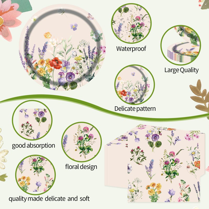 BOKFJBP 75pcs Wildfloral Paper Plates&Napkins-Disposable Watercolor Garden Flower Plates Set Tableware Decor for Birthday Spring Wedding Bridal Shower Baby Shower Picnic Tea Party Supplies-Serve 25 - Image 3