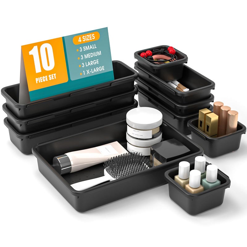 StoreHappily 10 PSC Drawer Organizer Set, 4 Size Makeup Drawer Divider Organizer With Non-Slip Pads, Interlocking Plastic Storage Bins for Office,Jewelry Vanity,Gadgets, Bathroom,Kitchen, Black - Image 1