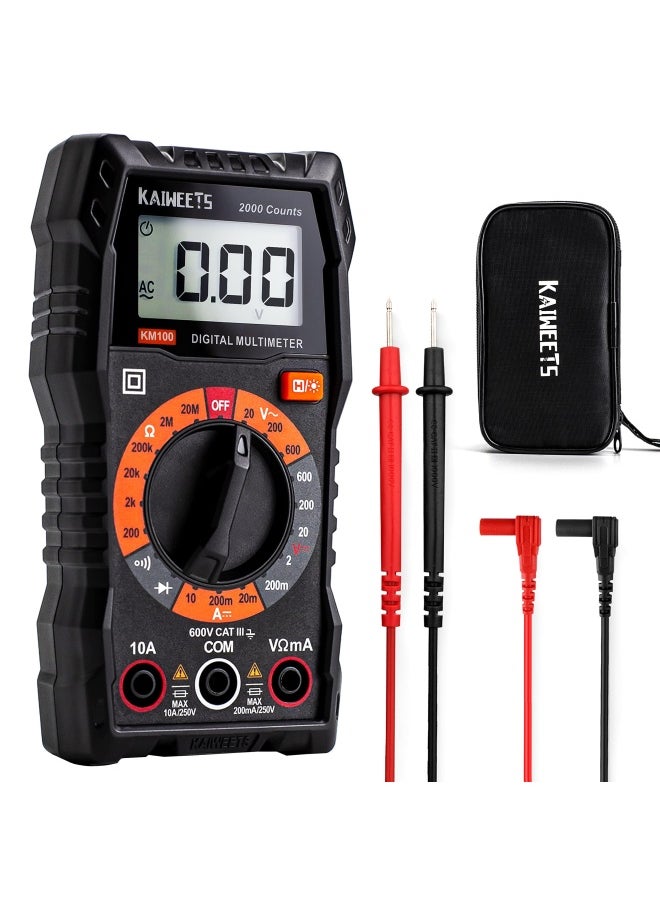 KAIWEETS Kaiweets Km100 Digital Multimeter  Ac Dc Voltmeter  10A Dc Current Meter With 2 Fuses  Ohm Volt Amp Test Meter  Continuity Diode Voltage Tester For Household Outlet  Automotive Battery Test With Case  - Image 1
