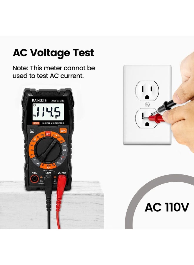 KAIWEETS Kaiweets Km100 Digital Multimeter  Ac Dc Voltmeter  10A Dc Current Meter With 2 Fuses  Ohm Volt Amp Test Meter  Continuity Diode Voltage Tester For Household Outlet  Automotive Battery Test With Case  - Image 2