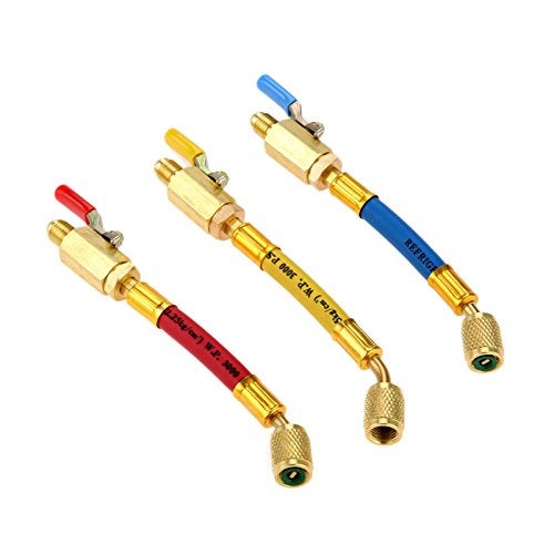 Aupoko R134A R410A R22 R12 Charging Hoses and Ball Valve Set, 3 Pcs Color Coded Hoses/w Ball Valve 1/4" SAE Thread (7" Long) for AC HVAC Maintenance Kit and Air Condition Refrigeration Charging Tools - Image 1