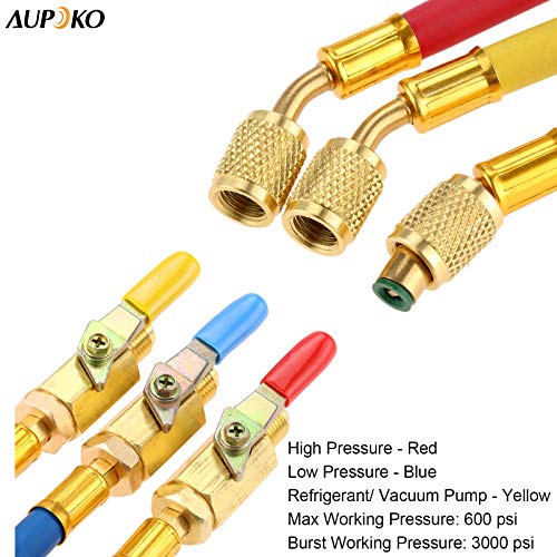 Aupoko R134A R410A R22 R12 Charging Hoses and Ball Valve Set, 3 Pcs Color Coded Hoses/w Ball Valve 1/4" SAE Thread (7" Long) for AC HVAC Maintenance Kit and Air Condition Refrigeration Charging Tools - Image 3