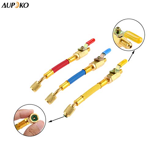 Aupoko R134A R410A R22 R12 Charging Hoses and Ball Valve Set, 3 Pcs Color Coded Hoses/w Ball Valve 1/4" SAE Thread (7" Long) for AC HVAC Maintenance Kit and Air Condition Refrigeration Charging Tools - Image 5