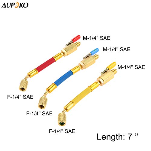 Aupoko R134A R410A R22 R12 Charging Hoses and Ball Valve Set, 3 Pcs Color Coded Hoses/w Ball Valve 1/4" SAE Thread (7" Long) for AC HVAC Maintenance Kit and Air Condition Refrigeration Charging Tools - Image 2