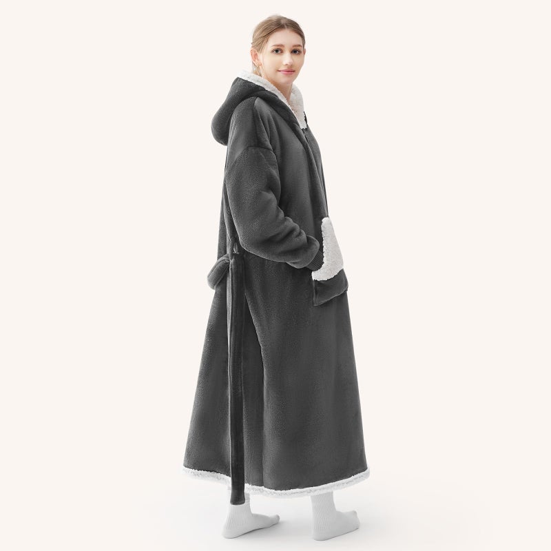 Touchat Touchat Wearable Blanket Hoodie as Gifts for Women and Men Warm and Cozy Large Blanket Sweatshirt Thick&Long Sherpa Fleece Hooded Blanket with Oversize Pocket and Belt  Winter Gifts Standard- Grey  - Image 2