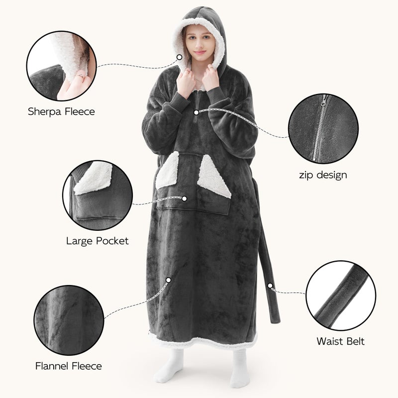 Touchat Touchat Wearable Blanket Hoodie as Gifts for Women and Men Warm and Cozy Large Blanket Sweatshirt Thick&Long Sherpa Fleece Hooded Blanket with Oversize Pocket and Belt  Winter Gifts Standard- Grey  - Image 3