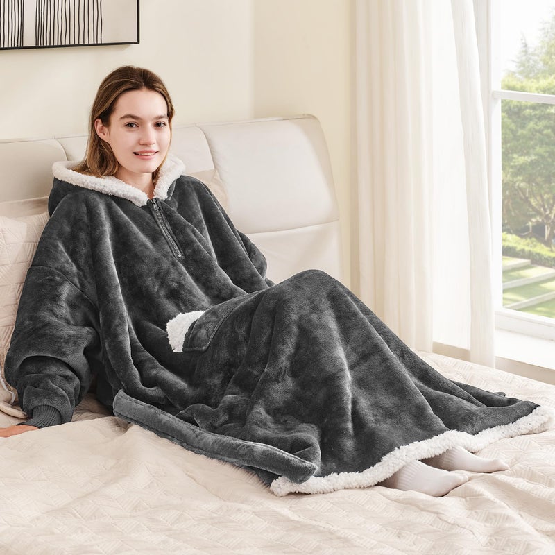 Touchat Touchat Wearable Blanket Hoodie as Gifts for Women and Men Warm and Cozy Large Blanket Sweatshirt Thick&Long Sherpa Fleece Hooded Blanket with Oversize Pocket and Belt  Winter Gifts Standard- Grey  - Image 4