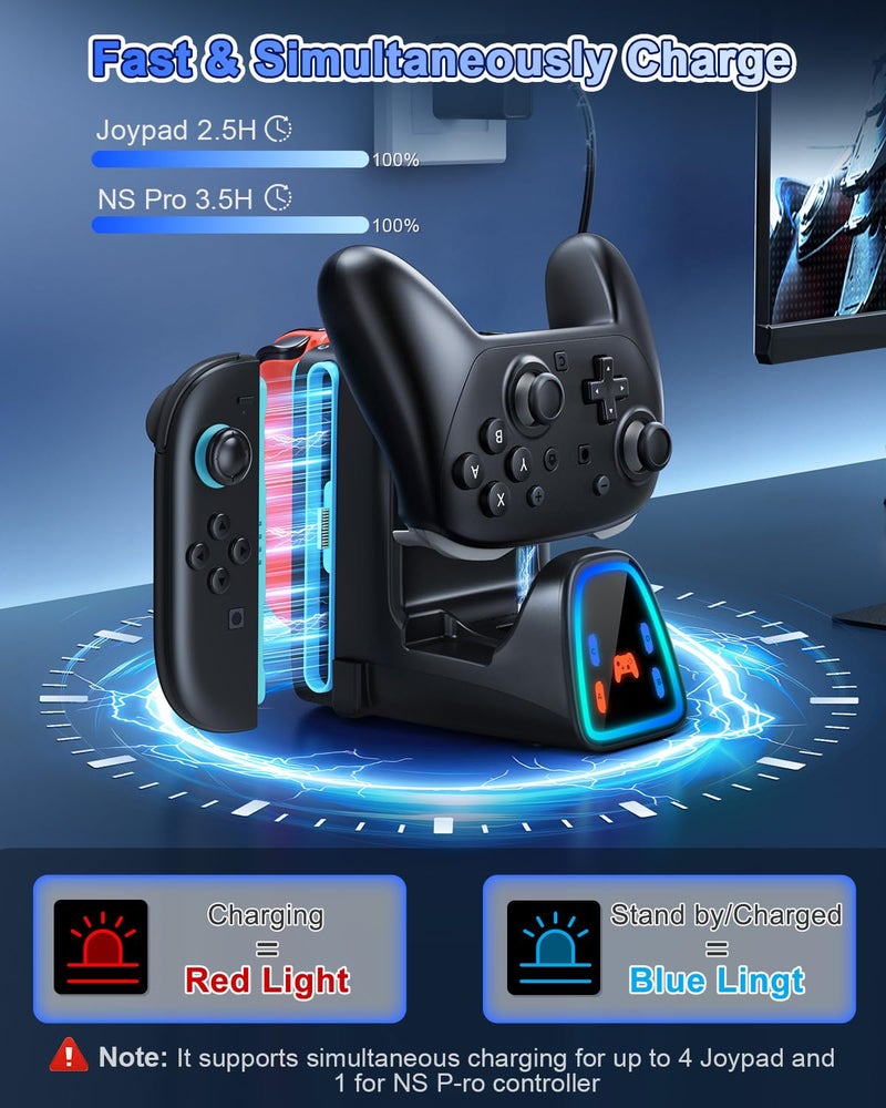 WAXITY 9 In 1 Controller Charging Dock for Nintendo Switch 2/Switch 1/OLED Controller, Fast Charger Station for Joy Con 2&1 and Pro Controller 2&1, Charger Accessories with RGB Light - Image 3