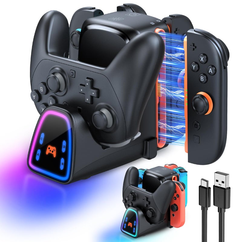 WAXITY 9 In 1 Controller Charging Dock for Nintendo Switch 2/Switch 1/OLED Controller, Fast Charger Station for Joy Con 2&1 and Pro Controller 2&1, Charger Accessories with RGB Light - Image 1