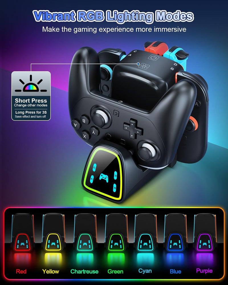 WAXITY 9 In 1 Controller Charging Dock for Nintendo Switch 2/Switch 1/OLED Controller, Fast Charger Station for Joy Con 2&1 and Pro Controller 2&1, Charger Accessories with RGB Light - Image 4