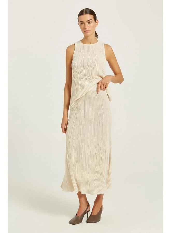 Beige Thin Pleated Sequin Long Skirt.