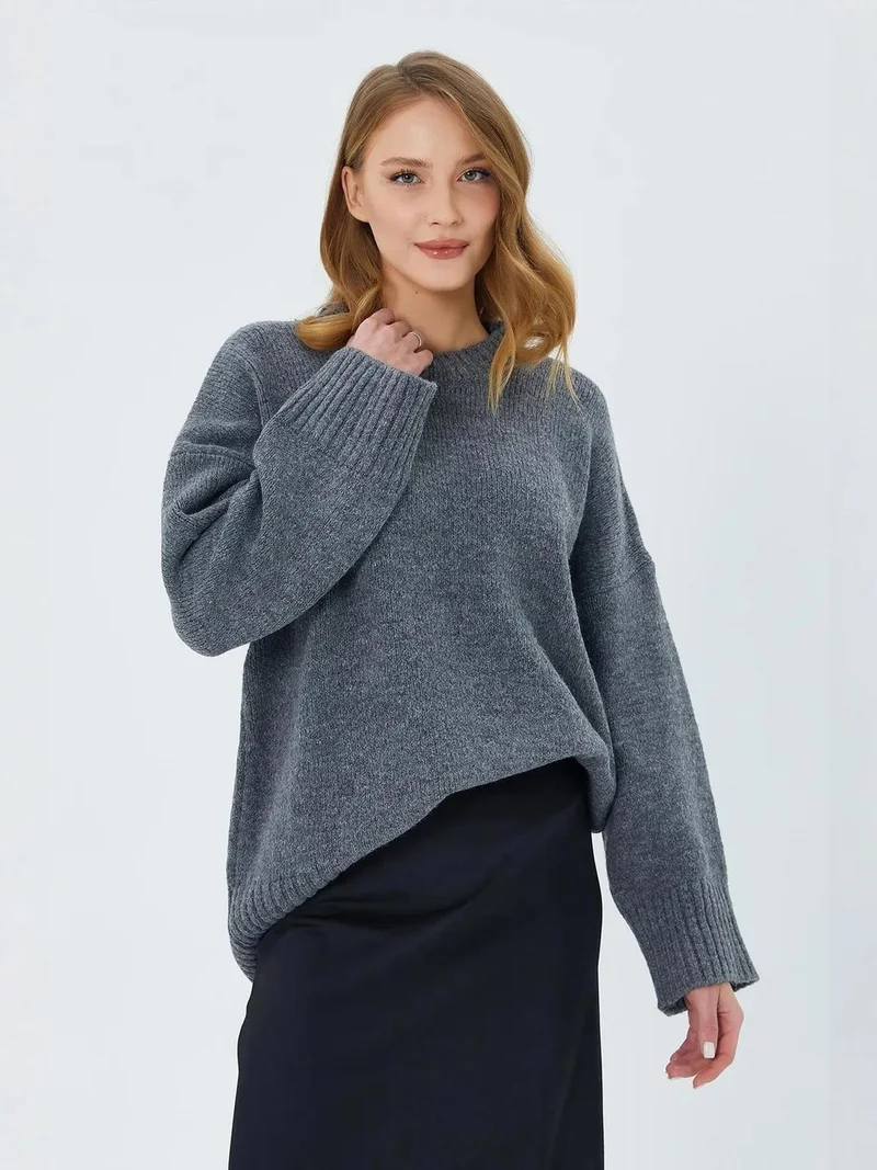 MixRay Mixray Oversized Ribbed Knit Sweater with Crew Neck