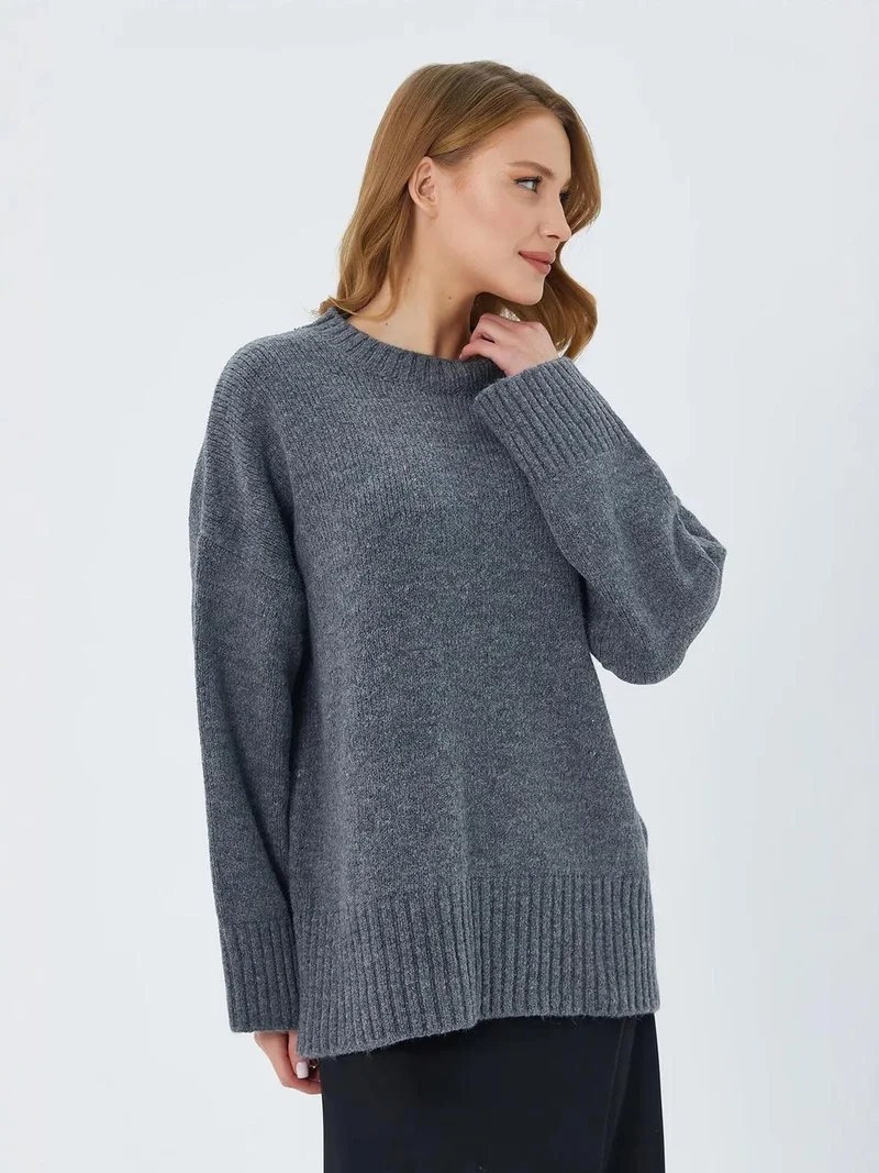 Mixray Dark Grey Mixray Oversized Ribbed Knit Sweater with Crew Neck for Women | Best Price UAE