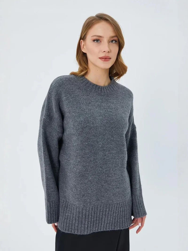Mixray Dark Grey Mixray Oversized Ribbed Knit Sweater with Crew Neck for Women | Best Price UAE