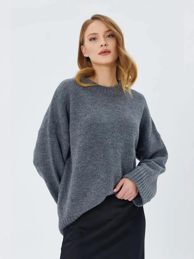 Mixray Dark Grey Mixray Oversized Ribbed Knit Sweater with Crew Neck for Women | Best Price UAE