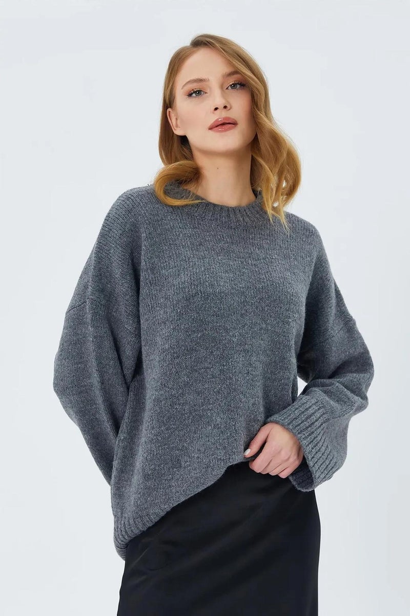 Mixray Oversized Ribbed Knit Sweater with Crew Neck - Image 5