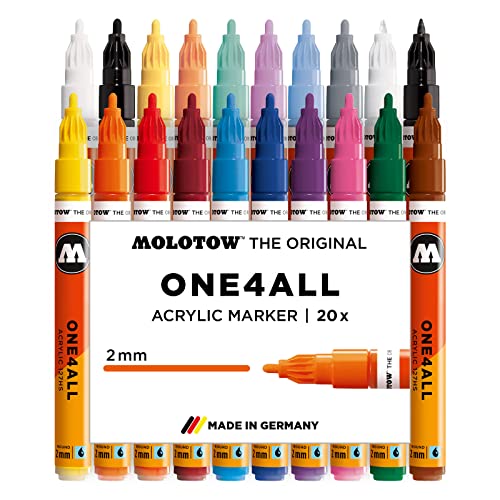 Molotow طقم ماركر أكريليك مولوتوف One4All 127HS الرئيسي 1 (سماكة 2.0 مم، عالي التغطية ودائم، مقاوم للأشعة فوق البنفسجية، يناسب تقريبًا جميع الأسطح) 20 قطعة متنوعة - Image 1