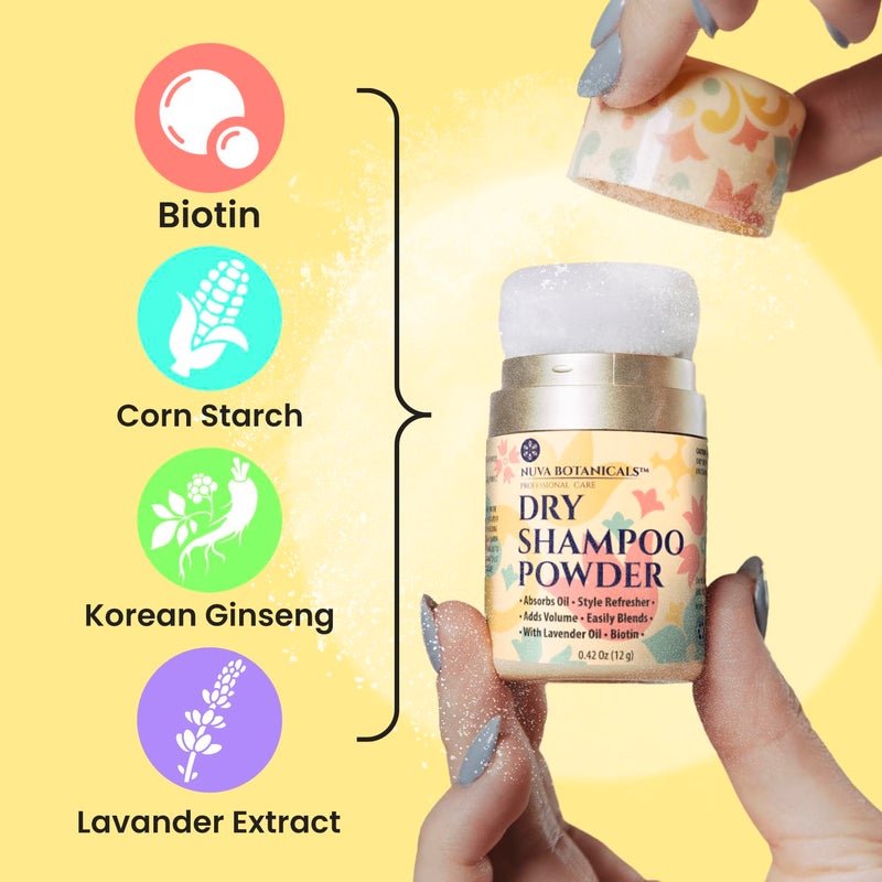 Nuva Botanicals بودرة شامبو جاف غير هوائي من نوفا بوتانيكالز مع البيوتين - مستخلص اللافندر والجينسنغ الكوري - حجم السفر المكثف (0.42 أونصة) - هدايا لها - Image 3