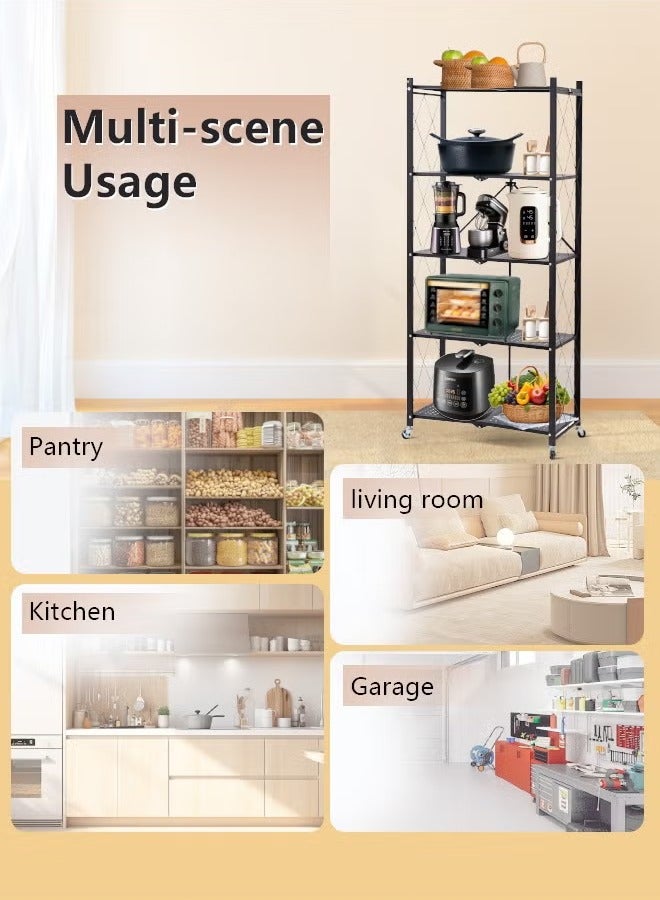 5-Tier Foldable Metal Shelves with Wheels (No Assembly) | Large-Capacity Heavy-Duty Cart for Garage, Kitchen & Basement Black  - Image 2