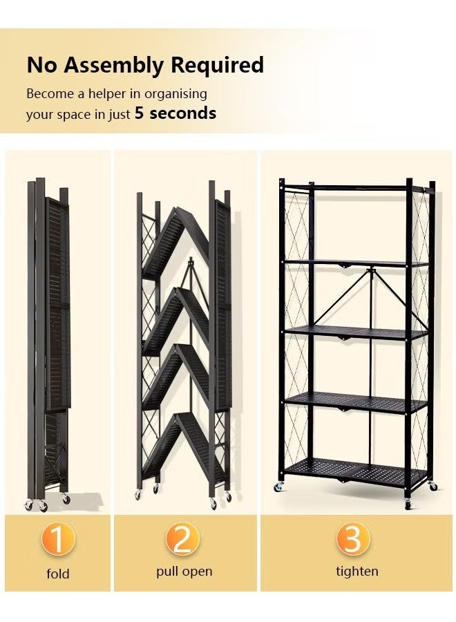 5-Tier Foldable Metal Shelves with Wheels (No Assembly) | Large-Capacity Heavy-Duty Cart for Garage, Kitchen & Basement Black  - Image 3