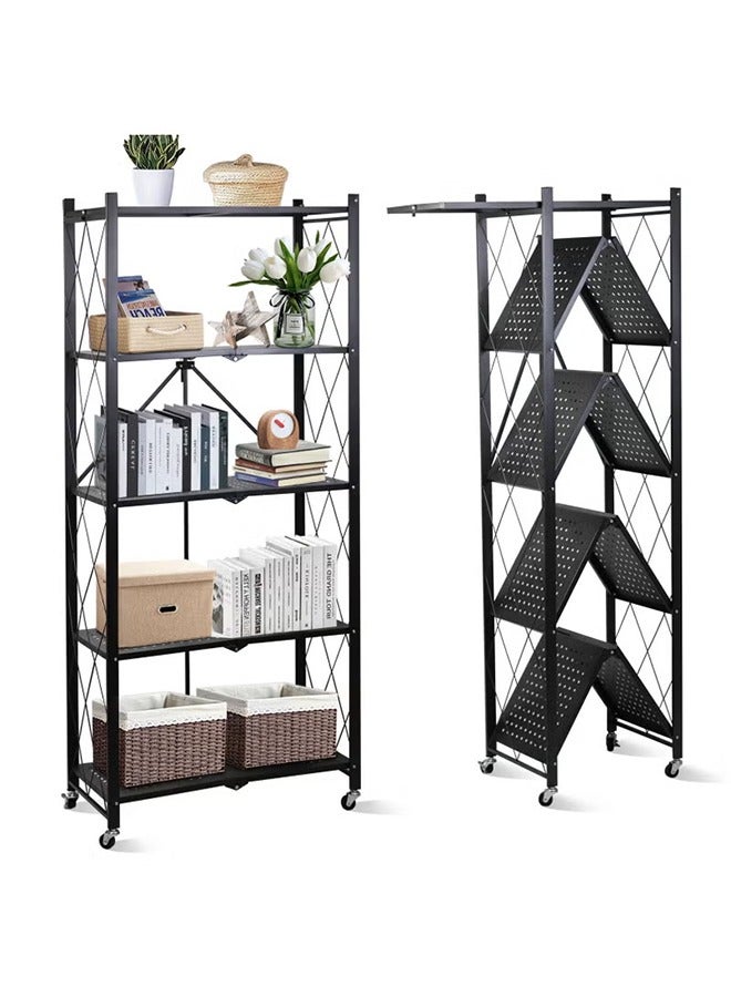 5-Tier Foldable Metal Shelves with Wheels (No Assembly) | Large-Capacity Heavy-Duty Cart for Garage, Kitchen & Basement Black  - Image 1