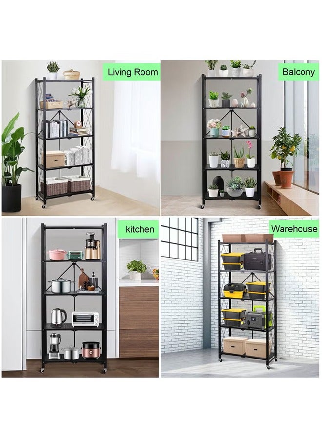 5-Tier Foldable Metal Shelves with Wheels (No Assembly) | Large-Capacity Heavy-Duty Cart for Garage, Kitchen & Basement Black  - Image 4