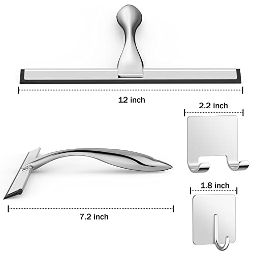 Docrok All-Purpose Stainless Steel Shower Squeegee for Shower Doors with 2 Adhesive Hooks, Bathroom Cleaner Tool Household Window Mirror Squeegee for Home Cleaning, Glass Door, Tile Wall, Car, 12 Inch Silver - Image 2