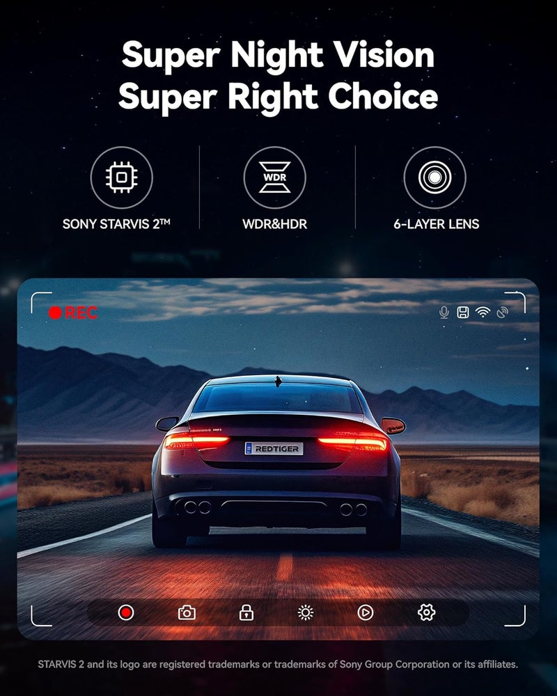 ريد تايجر كاميرا داش كام REDTIGER F7NP 4K أمامية وخلفية، مستشعر STARVIS 2، بطاقة 128 جيجابايت مضمنة، واي فاي 5 جيجاهرتز - تنزيل سريع 20 ميجابايت/ثانية، كاميرا داش كام للسيارة مع GPS، رؤية ليلية WDR، زاوية واسعة 170 درجة، وضع ركن 24 ساعة - Image 3