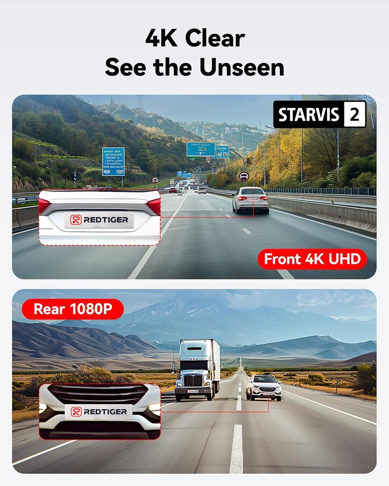 ريد تايجر كاميرا داش كام REDTIGER F7NP 4K أمامية وخلفية، مستشعر STARVIS 2، بطاقة 128 جيجابايت مضمنة، واي فاي 5 جيجاهرتز - تنزيل سريع 20 ميجابايت/ثانية، كاميرا داش كام للسيارة مع GPS، رؤية ليلية WDR، زاوية واسعة 170 درجة، وضع ركن 24 ساعة - Image 2